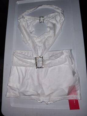 White Mesh Dress With Halter Top And  Rhinestone Buckles